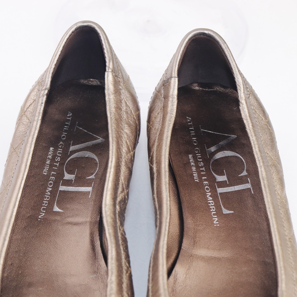 AGL Womens Ballet Flats Size 39 9 Quilted Bronze Gold Leather Black Cap Toe Shoe - Picture 12 of 14